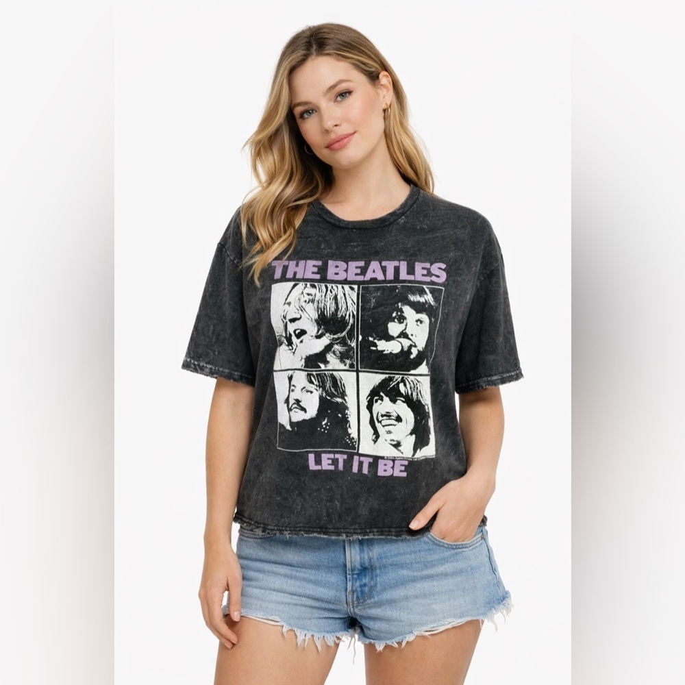 Junk Food Clothing Black Beatles 'Let It Be' Graphic Tee with Purple Print